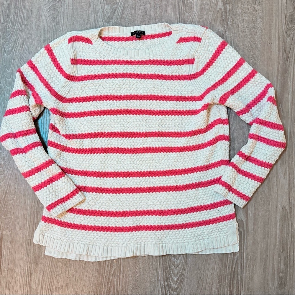 Talbots Striped Pullover Sweater Womens Petite Large Cream Coral Stripes Preppy‍